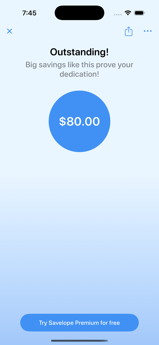 A celebration screen for an opened $80 envelope